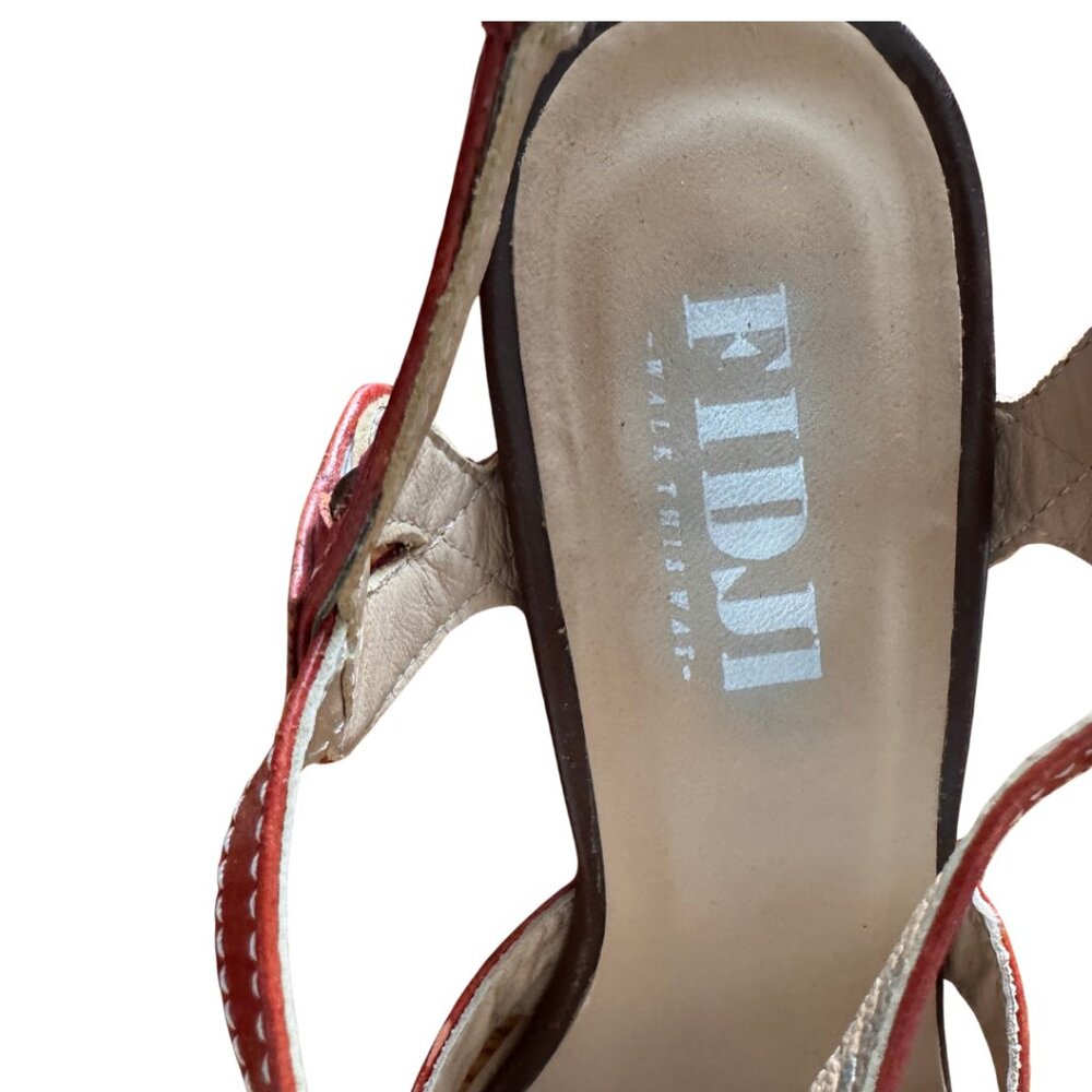 Fidji Orange Leather T-Strap Sandals Buckle Ankle Comfort Artisan Size 8.5 - Picture 5 of 8